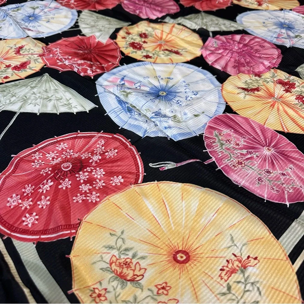 Talbots 100% Silk Scarf – Black with Multi-Colored Floral Parasols, Like New